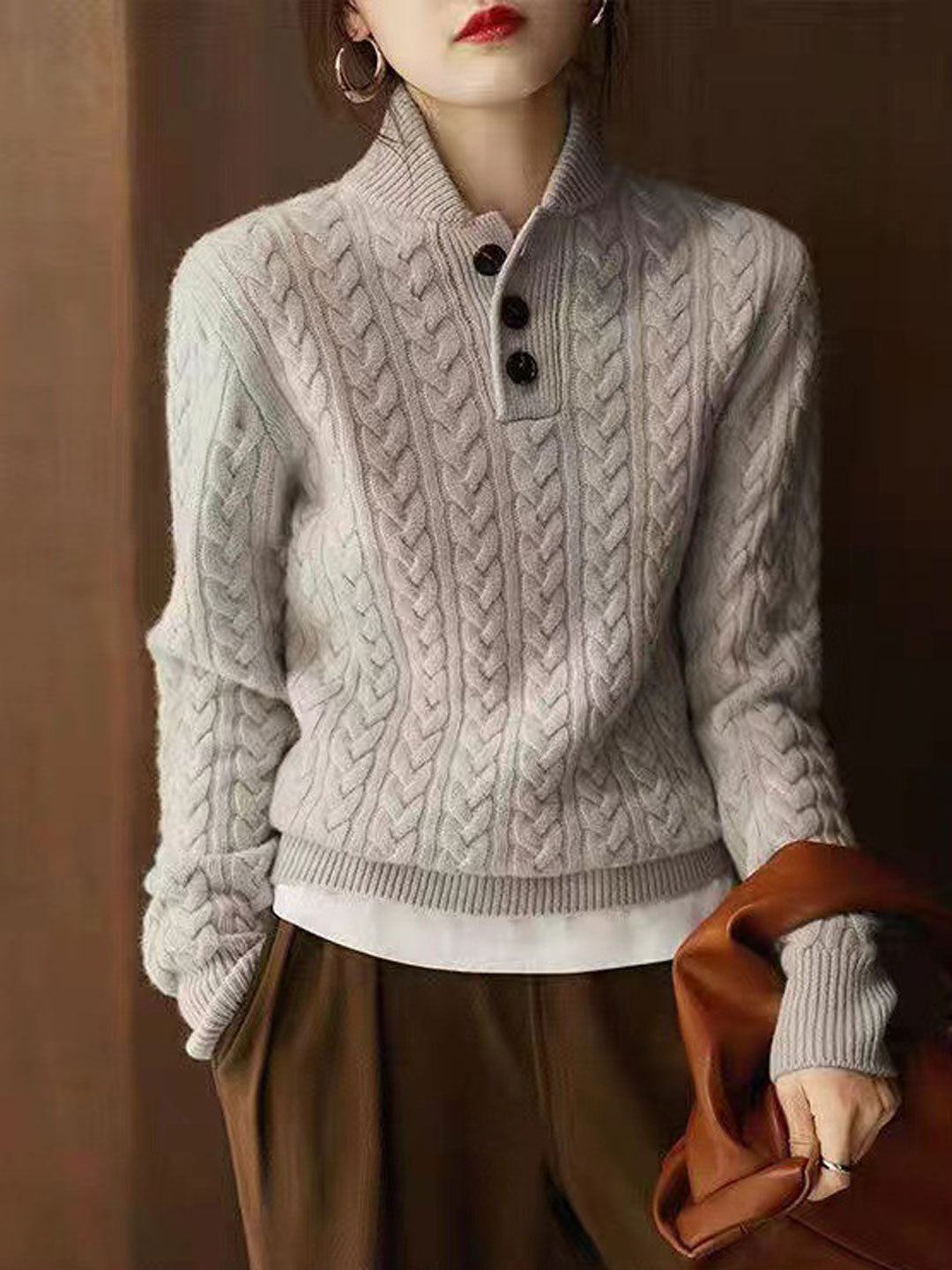 Anna Retro Solid Color Cable Knitted Top