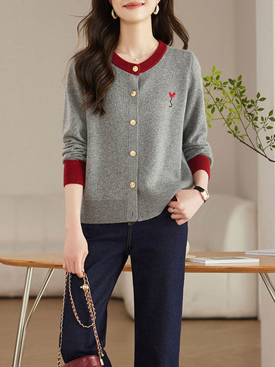 Ruby Loose Crew Neck Contrast Embroidered Knitted Cardigan