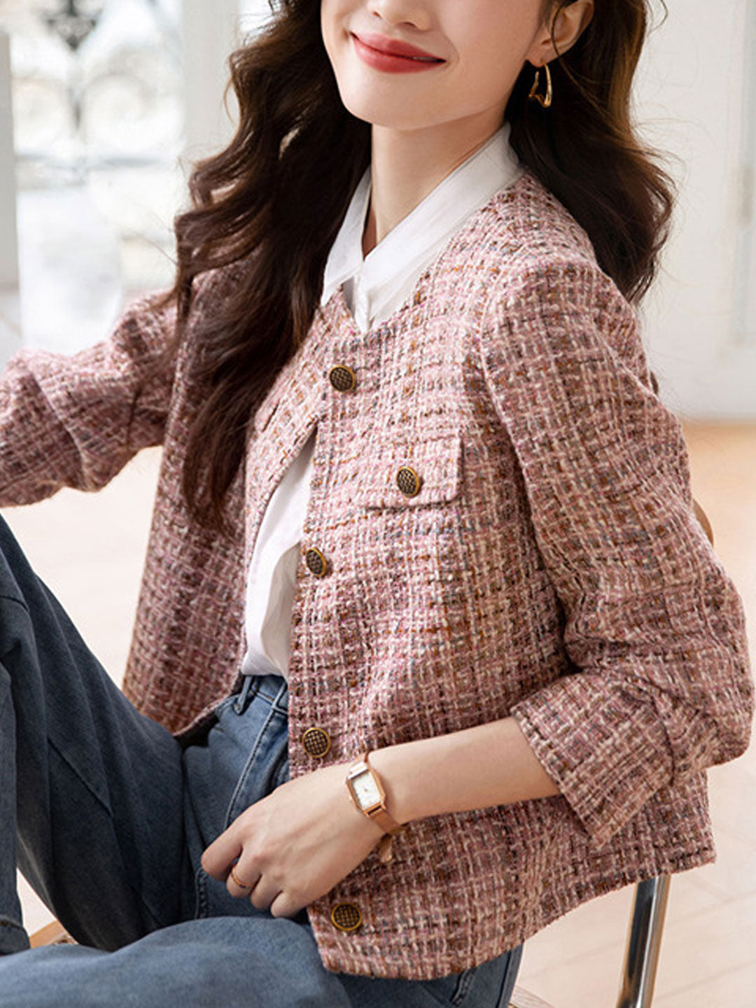 Chloe Elegant Crew Neck Pink Tweed Jacket