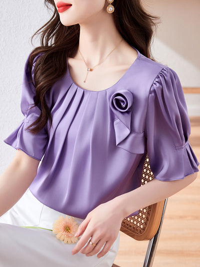 Bailey Classic Crew Neck Floral Satin Chiffon Top-Purple