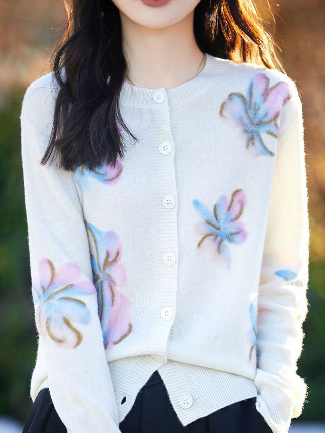 Zoe Causal Crew Neck Floral Knitted Cardigan