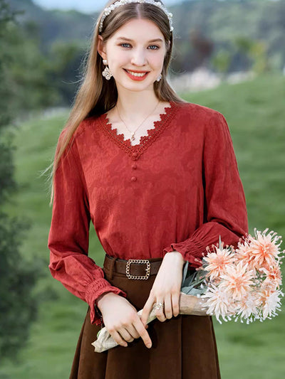 Brianna Retro V-neck Lace Collar Shirt