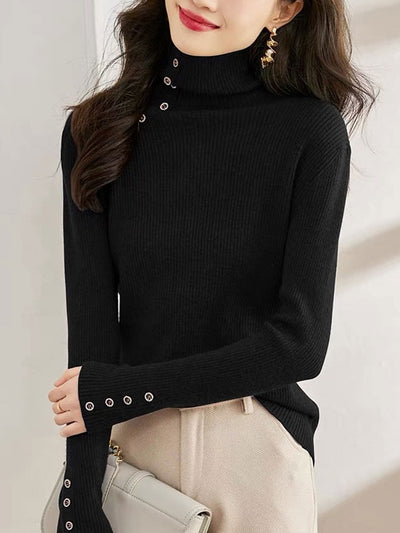 Jessica Turtleneck Solid Color Knitted Button Top