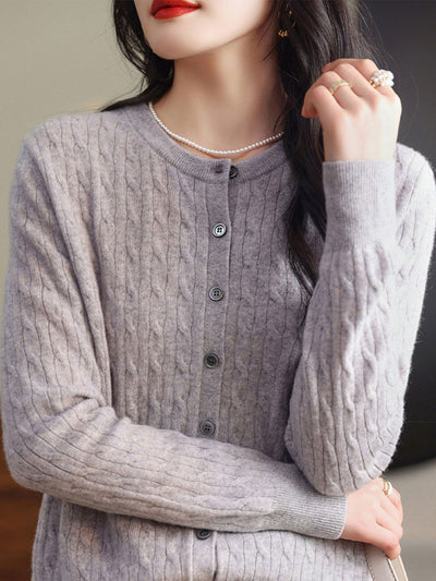 Claire Casual Crew Neck Solid Color Knitted Cardigan