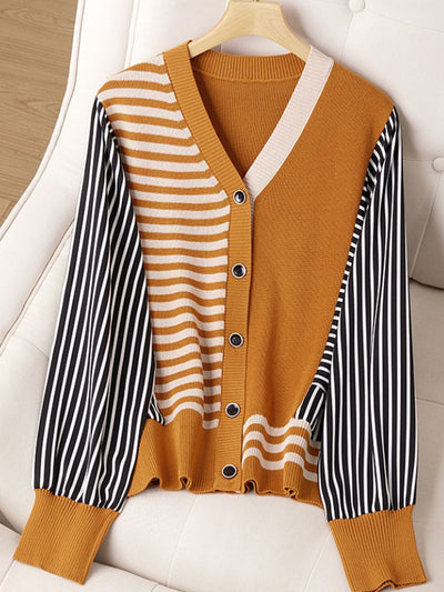 Trinity Casual V-Neck Striped Knitted Cardigan-Green