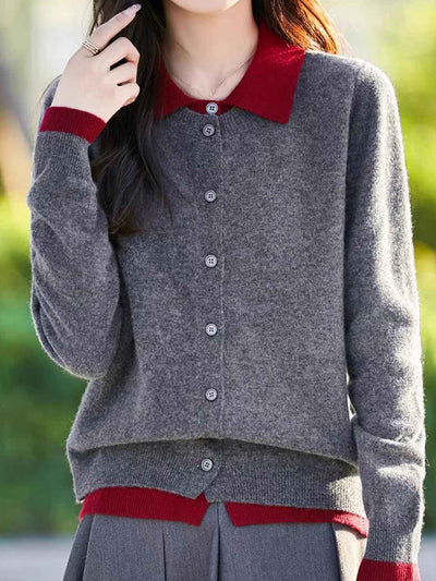 Claire Casual Lapel Colorblock Knit Cardigan Set