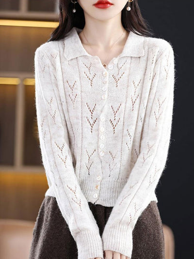 Natalie Polo Collar Solid Color Hollowed Knitted Cardigan