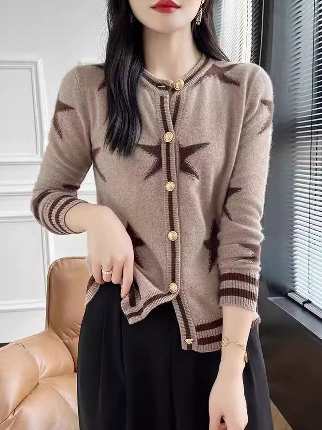 Ava Loose Crew Neck Jacquard Knitted Cardigan-Camel