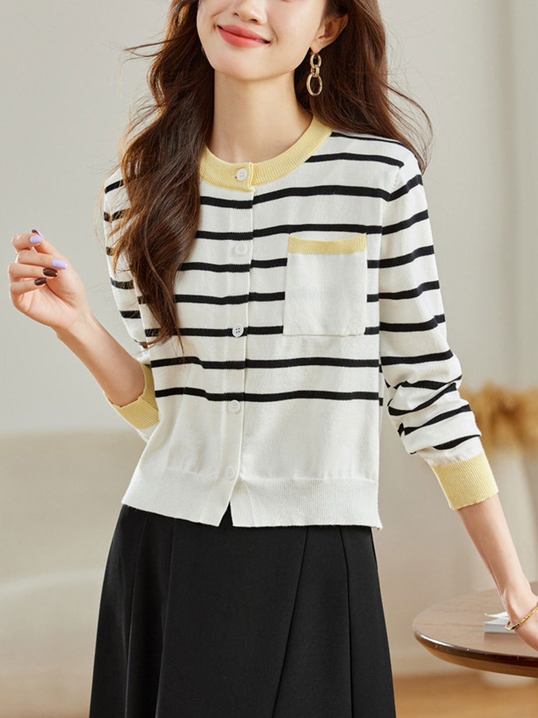 Mya Retro Crew Neck Striped Knitted Cardigan