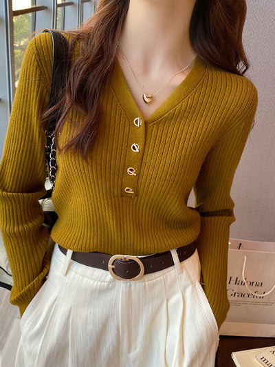 Elizabeth Elegant V-Neck Solid Color Knitted Top