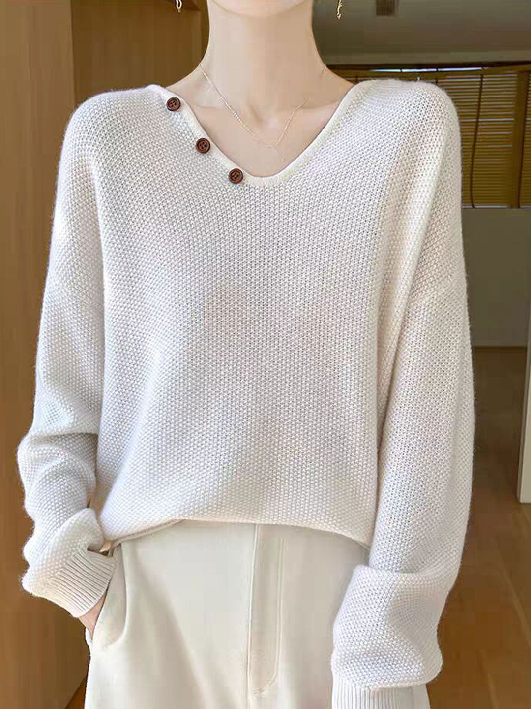 Ashley Loose V-neck Lantern Sleeve Button Knitted Sweater