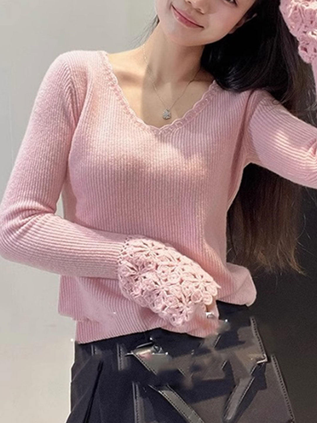 Sarah V-Neck Crochet Hollowed Knitted Top