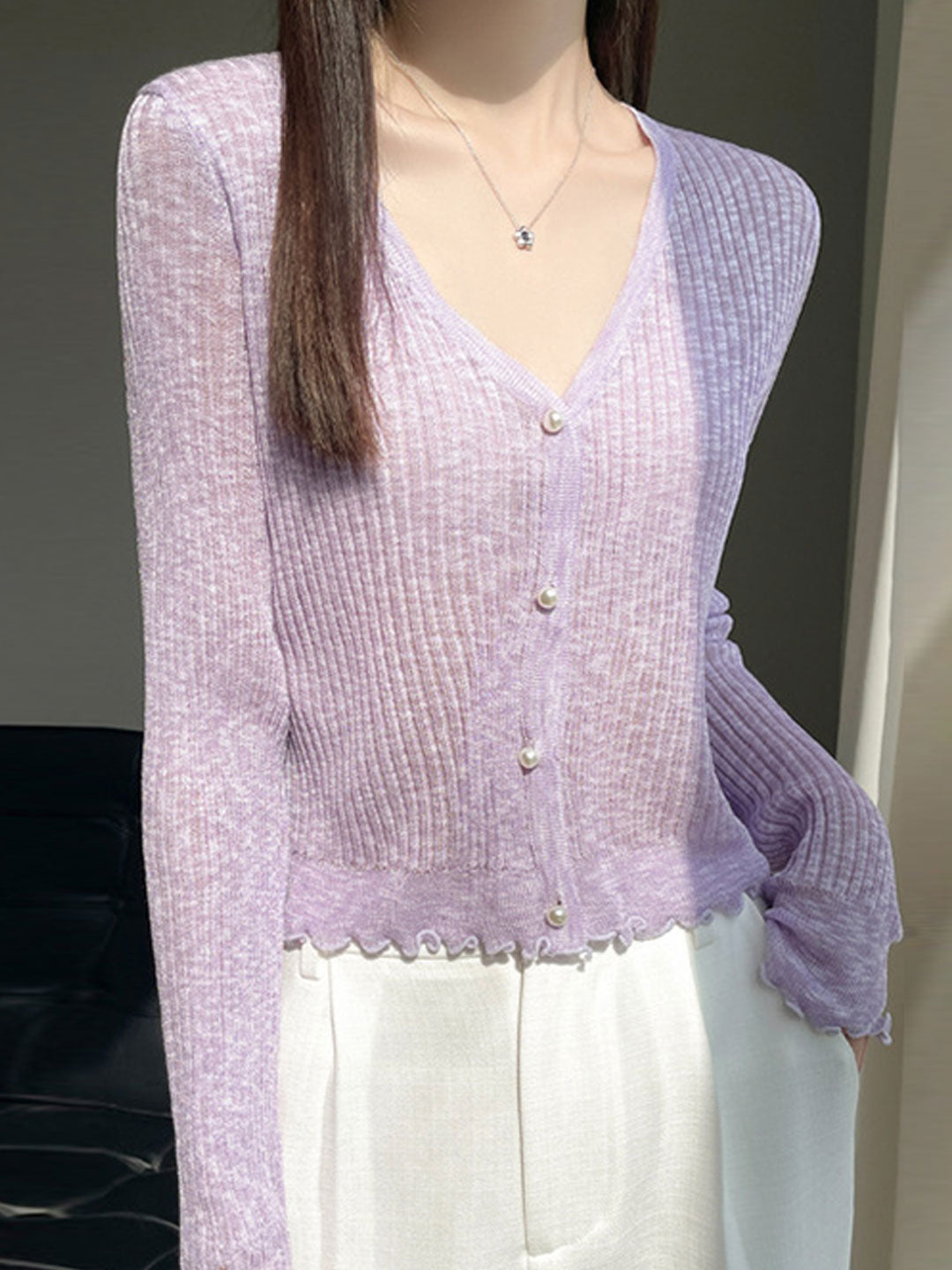 Bella V-Neck Solid Color Auricular Knitted Cardigan-Blue