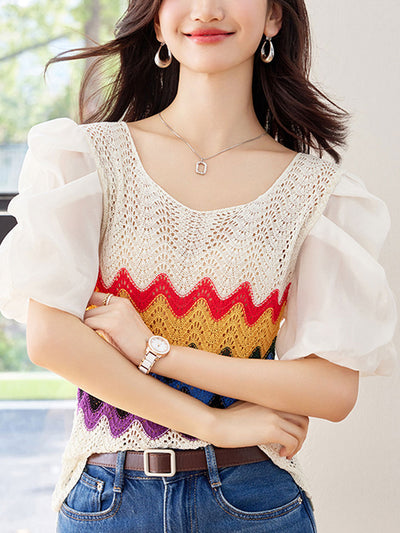 Zoe Retro Puff Sleeve Hollowed Knitted Top