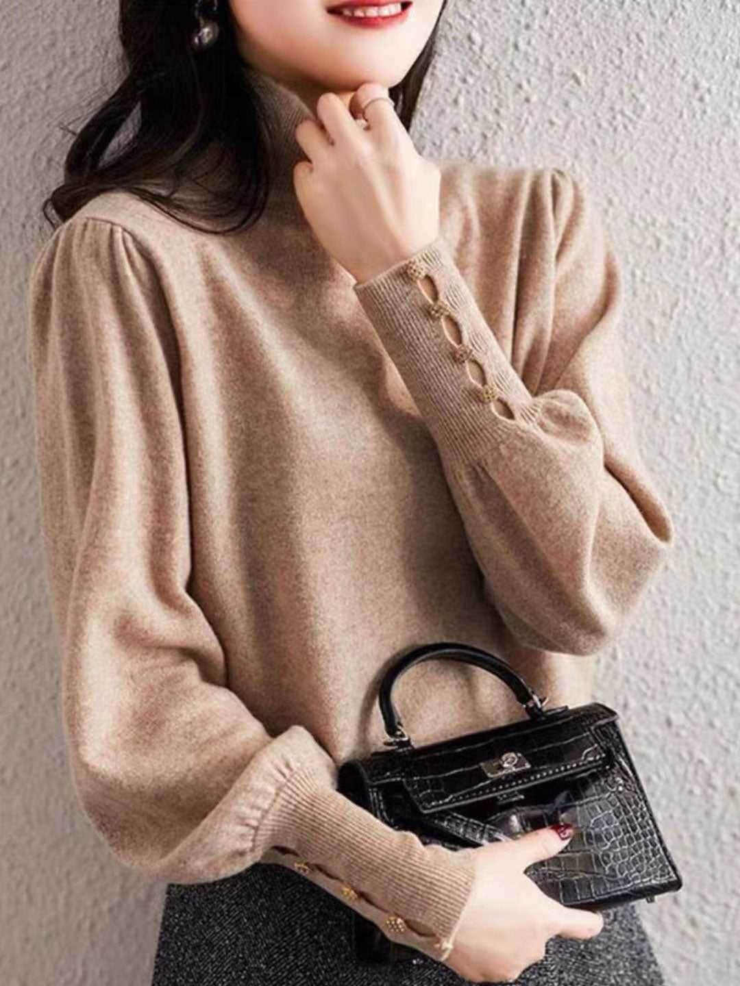 Katherine Retro Lantern Sleeve Turtleneck Knitted Sweater