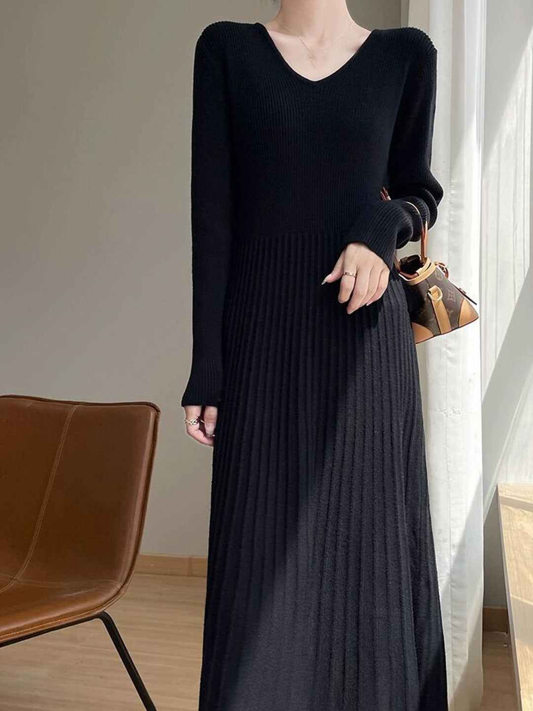 Brianna Elegant V-Neck Knitted Sweater Dress