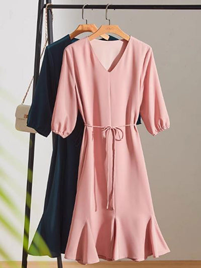 Emma Elegant V-Neck Solid Color Dress