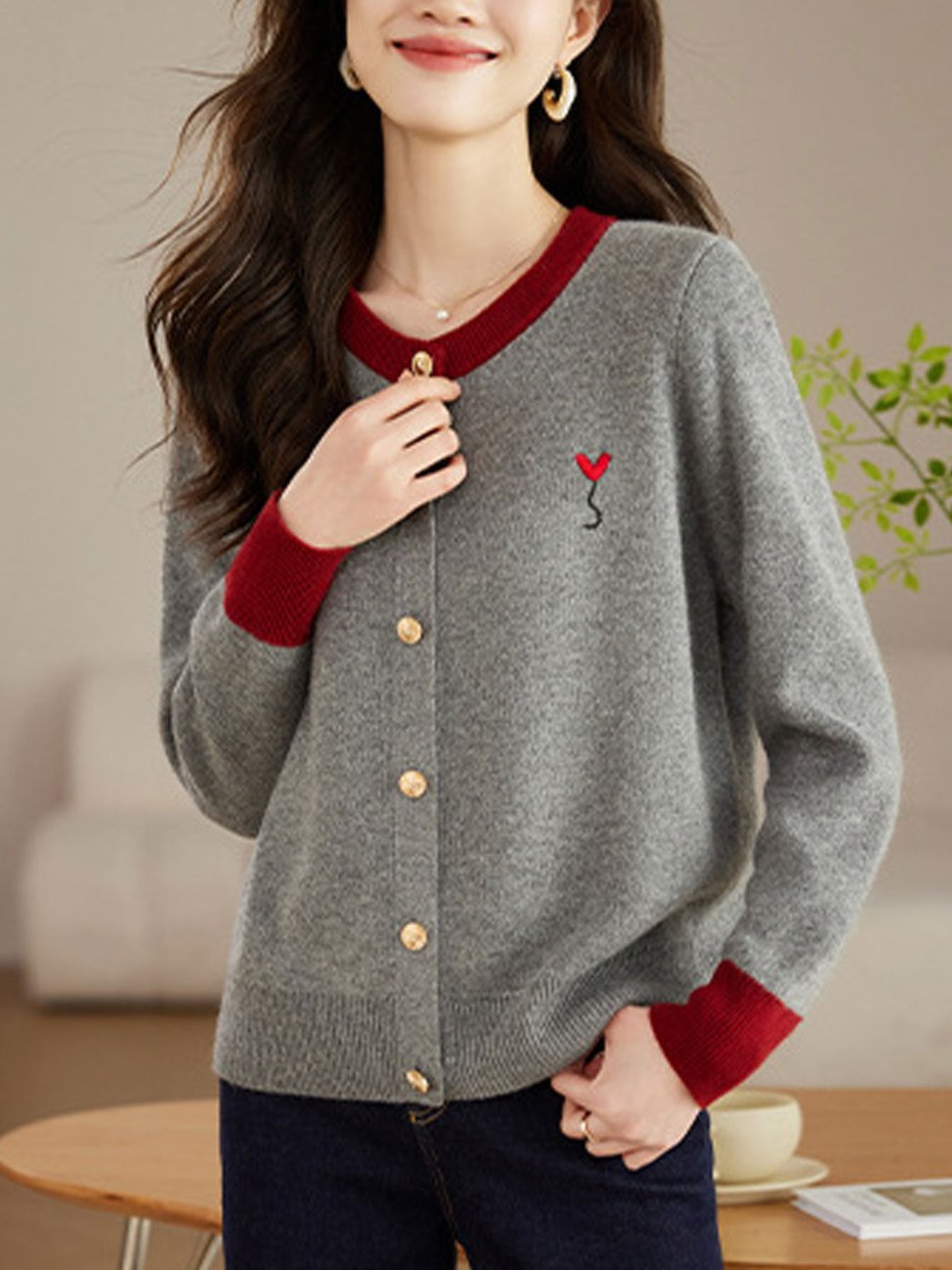 Ruby Loose Crew Neck Contrast Embroidered Knitted Cardigan