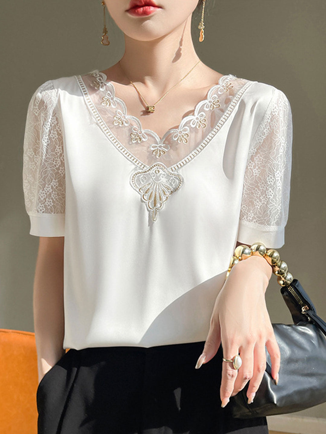 Ava Classic V-Neck Hollowed Lace Satin Top