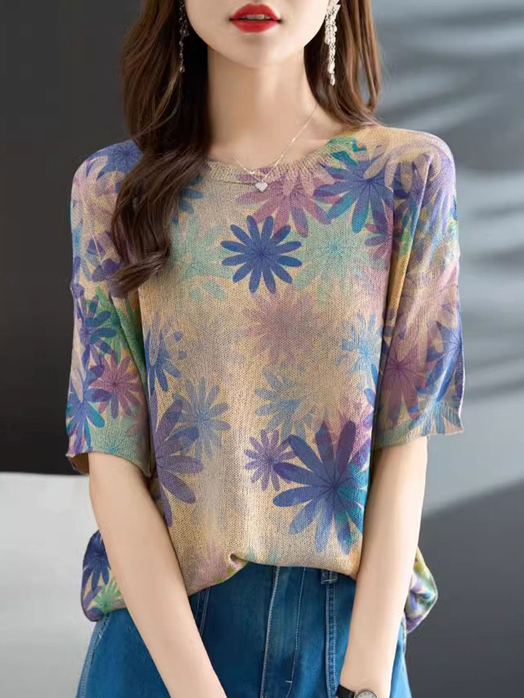 Brooke Loose Crew Neck Printed Knitted Top