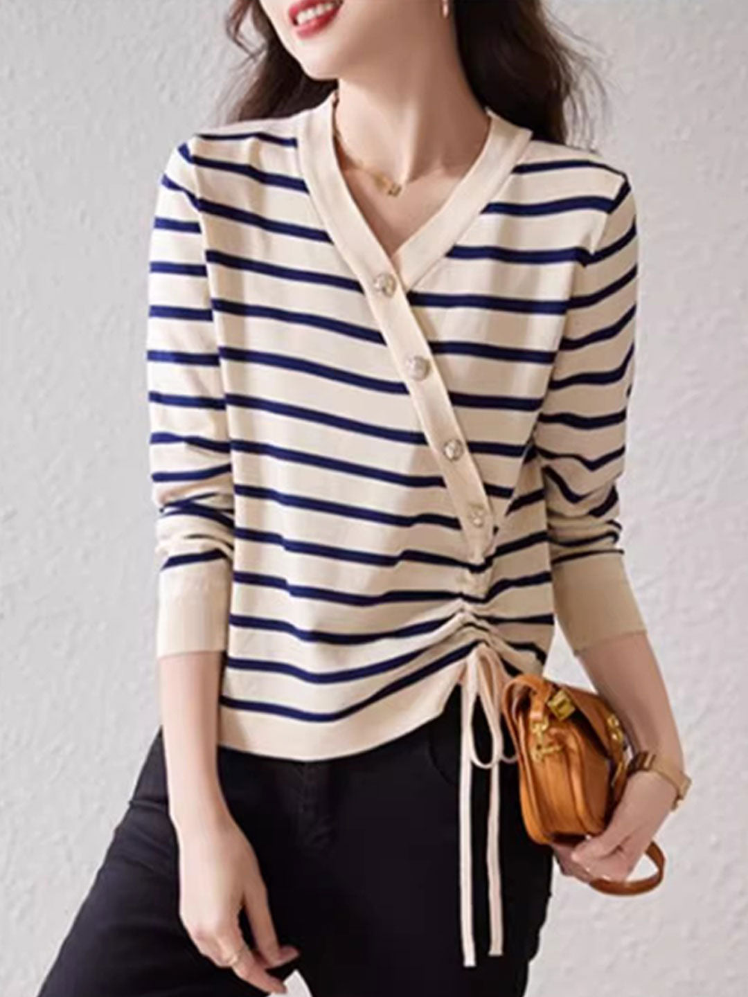 Abigail Casual V-Neck Drawstring Striped Knitted Top