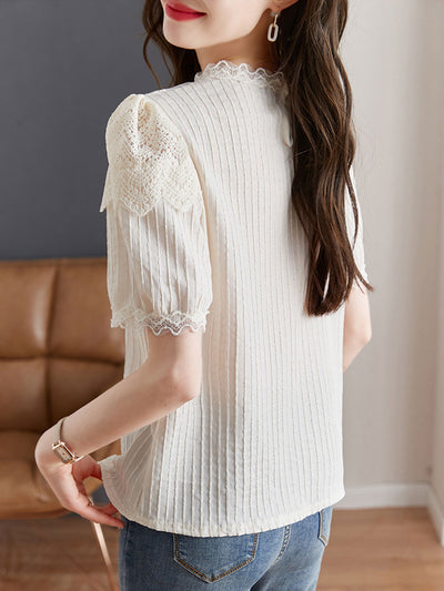 Mia Classic Crew Neck Puff Sleeve Lace Chiffon Top