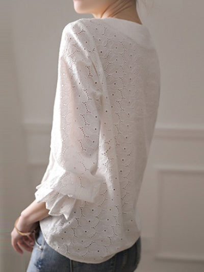 Rita Elegant V-neck Flare Sleeve Hollowed Embroidered Top