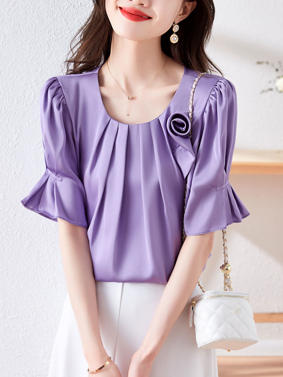 Bailey Classic Crew Neck Floral Satin Chiffon Top-Purple