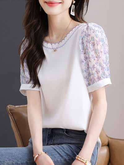 Chloe Classic Crew Neck Embroidered Floral Chiffon Top