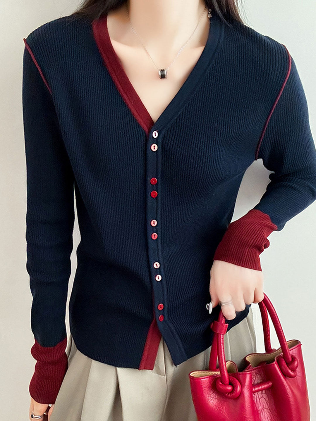 Bailey Classic V-Neck Colorblock Knitted Cardigan