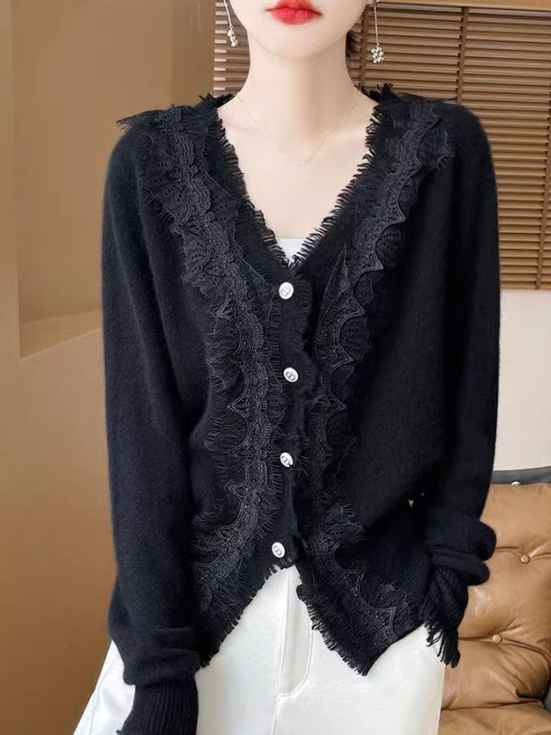 Emma Elegant V-Neck Lace Knitted Cardigan