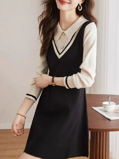 Ava Classic Lapel Collar Contrasted Knitted Dress