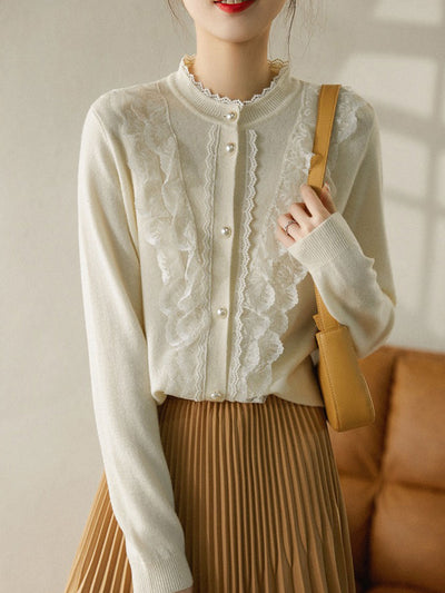 Sarah Elegant Crew Neck Lace Crochet Knitted Cardigan