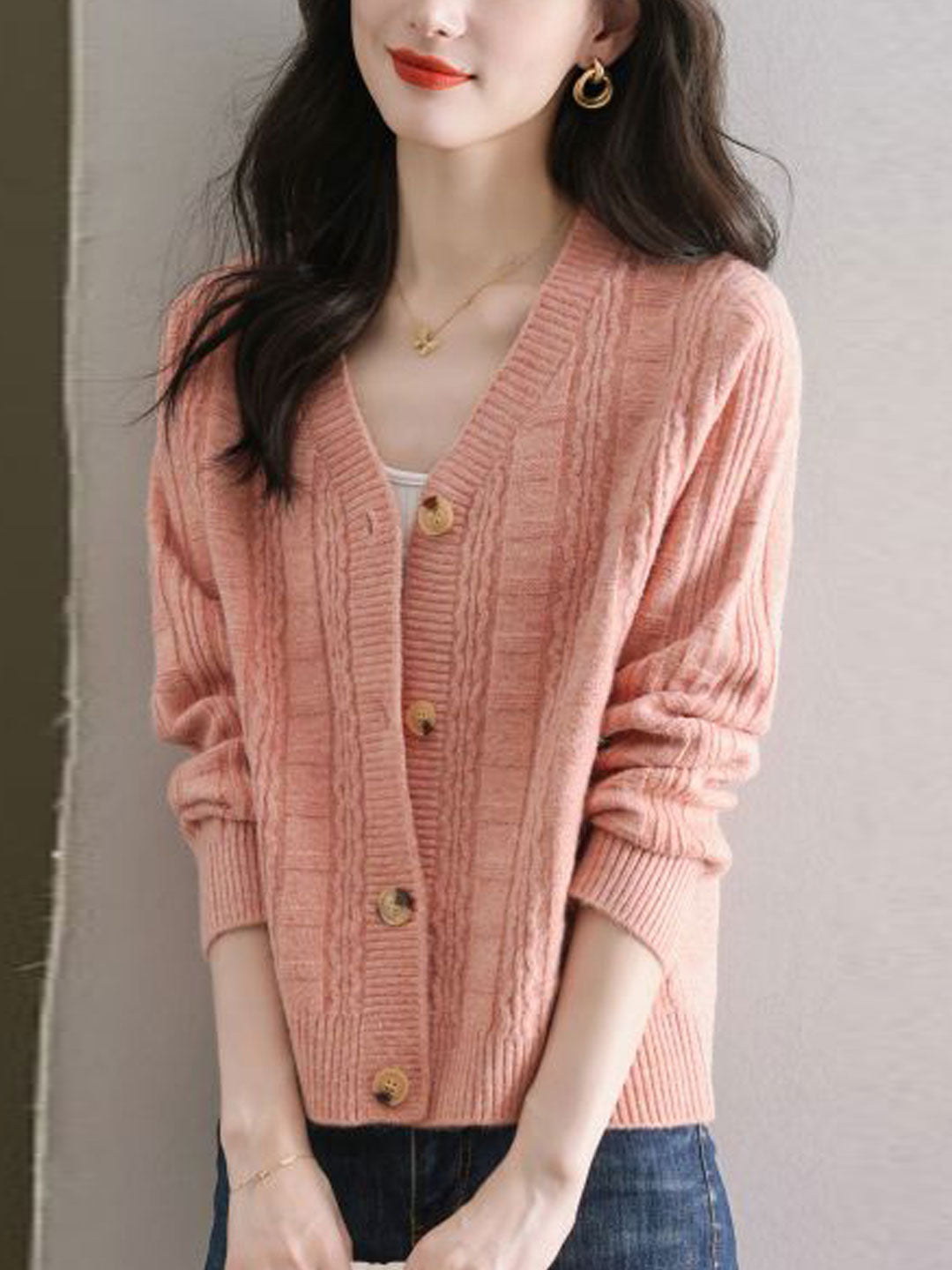 Ava Casual V-Neck Ribbed Solid Color Knitted Cardigan