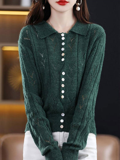 Natalie Polo Collar Solid Color Hollowed Knitted Cardigan