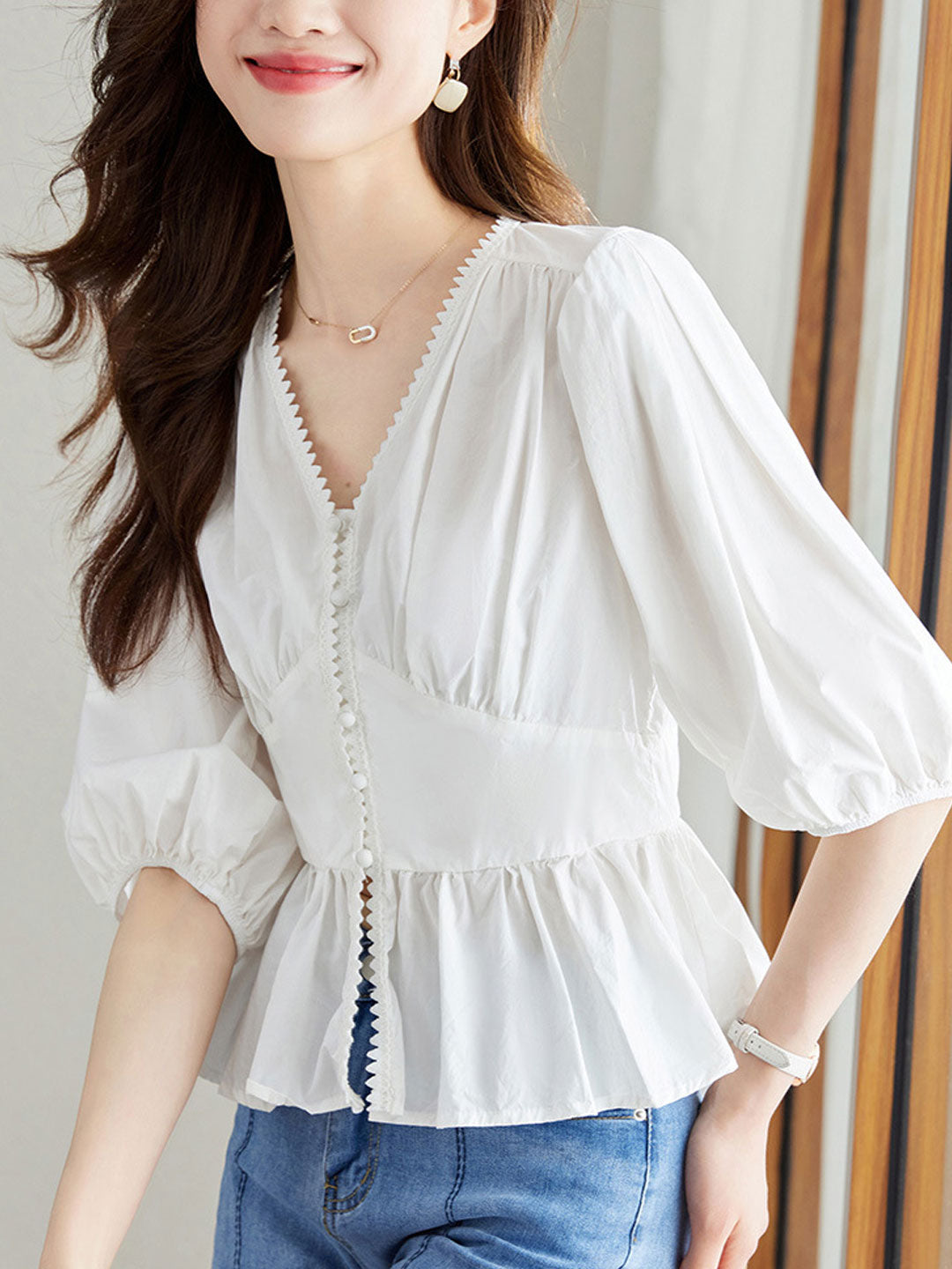 Anna Loose V-Neck Lantern Sleeve Cotton Top