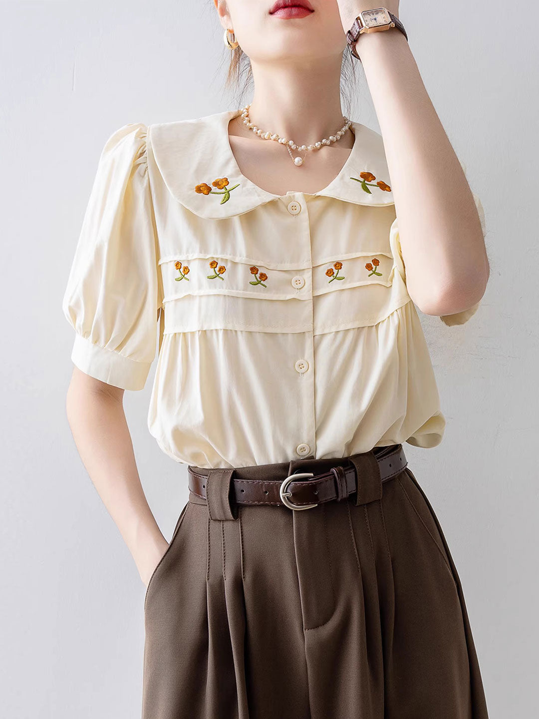 Khloe Retro Doll Collar Embroidered Top