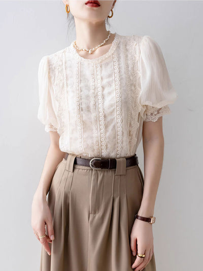 Lillian Retro Crew Neck Puff Sleeve Lace Chiffon Blouse