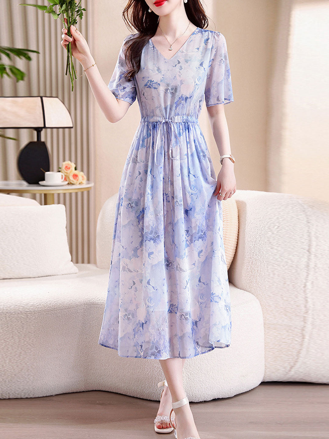 Mariah Classic V-neck Printed Tie Chiffon Dress