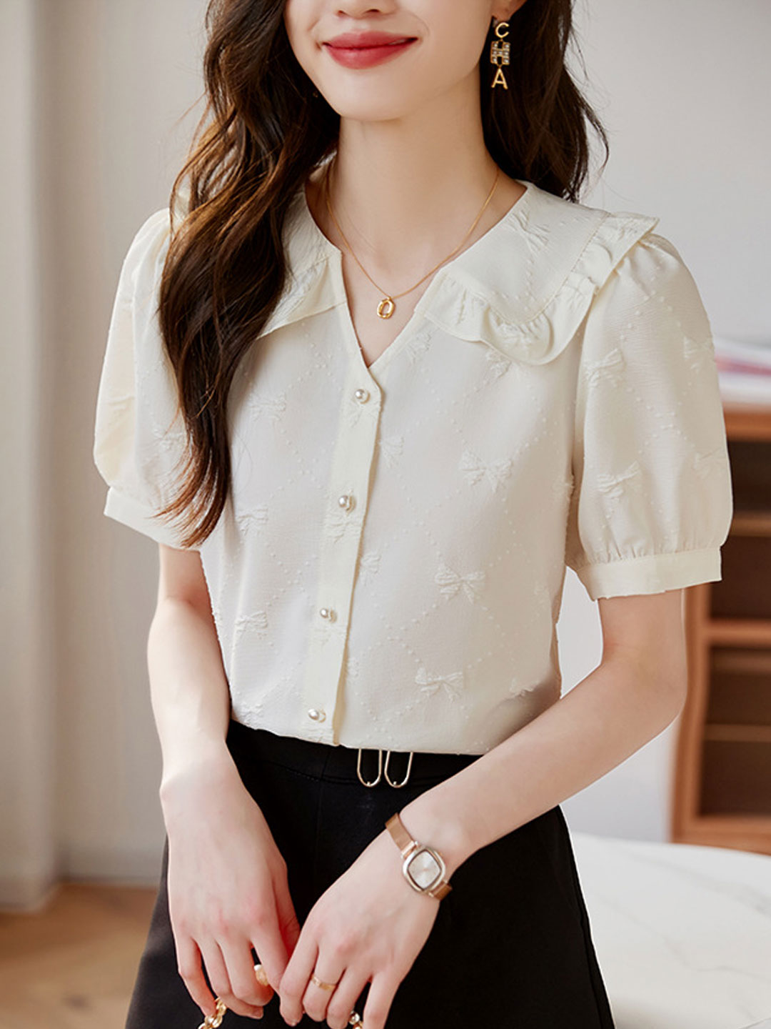 Emily Retro V-Neck Puff Sleeve Bow Embroidered Top