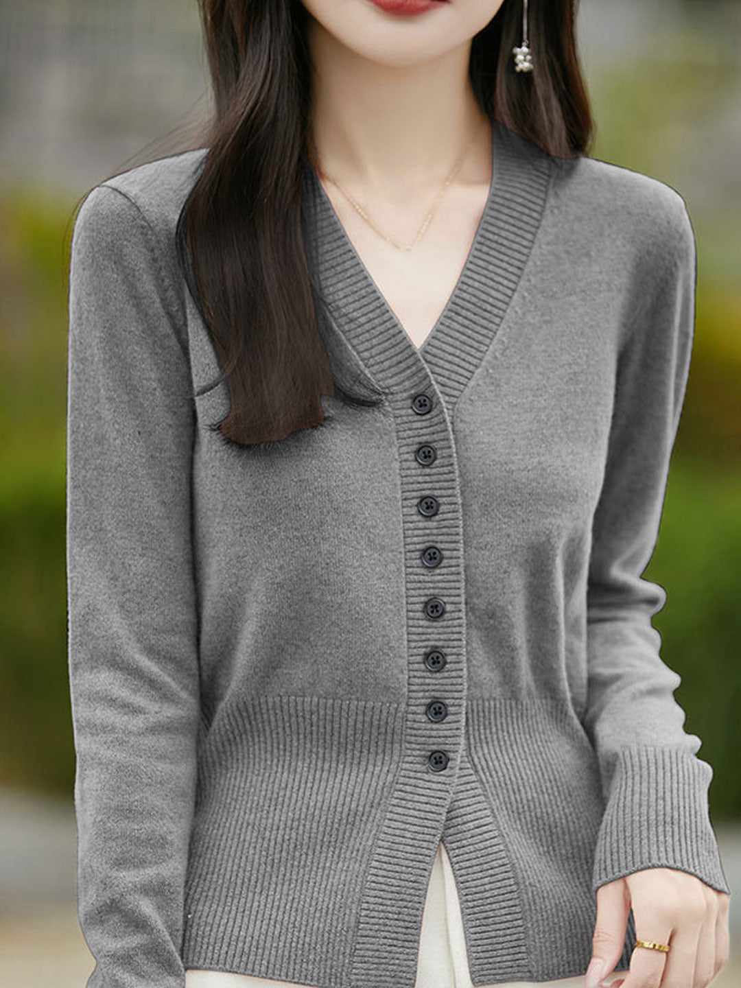 Natalie Casual V-Neck Solid Color Knitted Cardigan