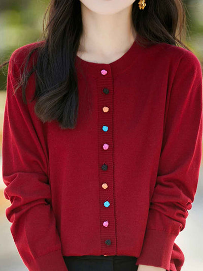 Brianna Classic Crew Neck Solid Color Knitted Cardigan-Red