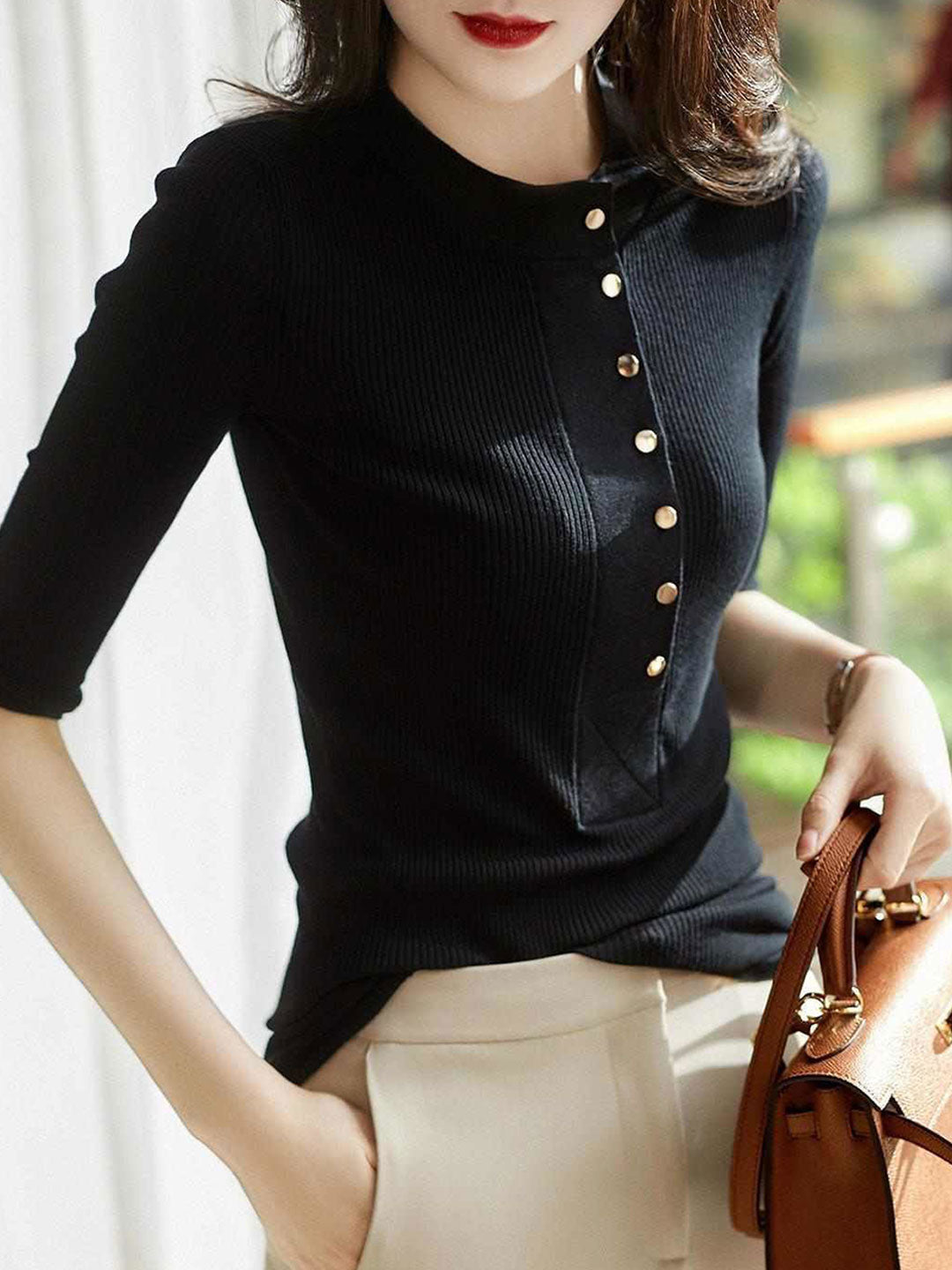 Brooke Crew Neck Solid Color Button Knitted Top