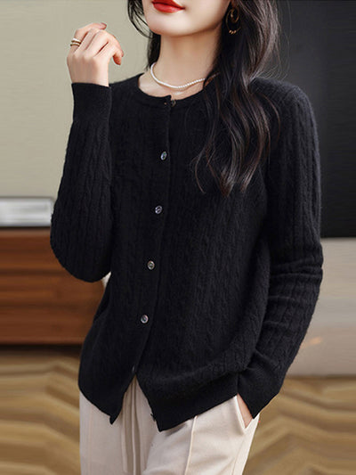 Claire Casual Crew Neck Solid Color Knitted Cardigan