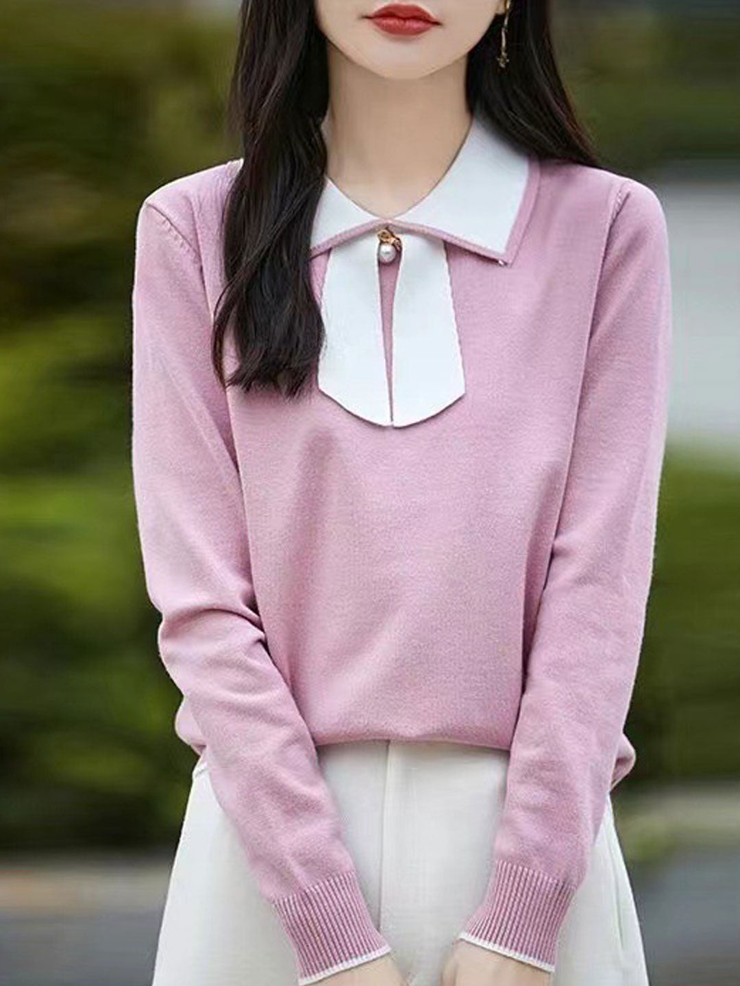 Natalie Cute Doll Collar Bow Colorblock Knitted Top