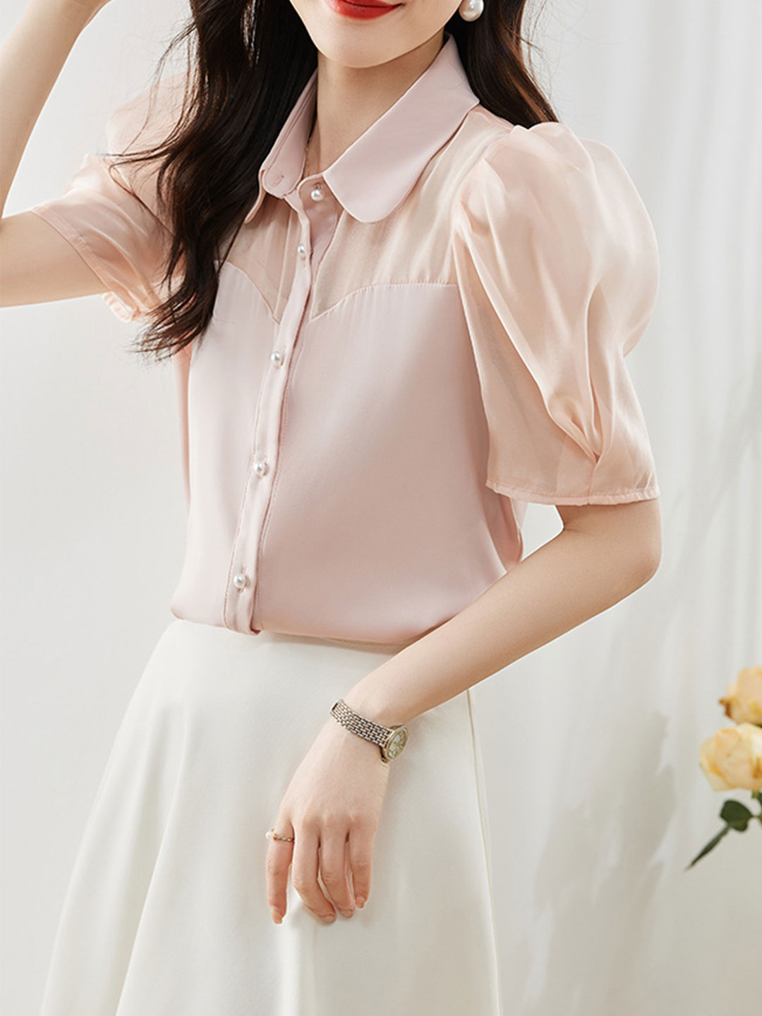 Mariay Classic Satin Stitching Shirt-Pink