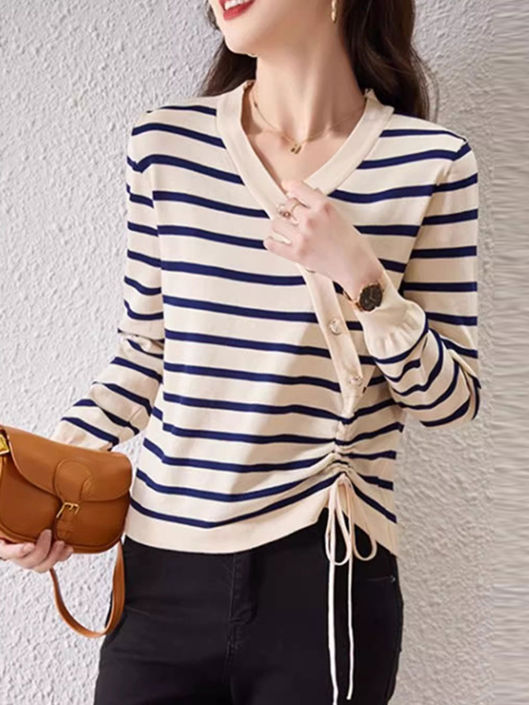 Abigail Casual V-Neck Drawstring Striped Knitted Top