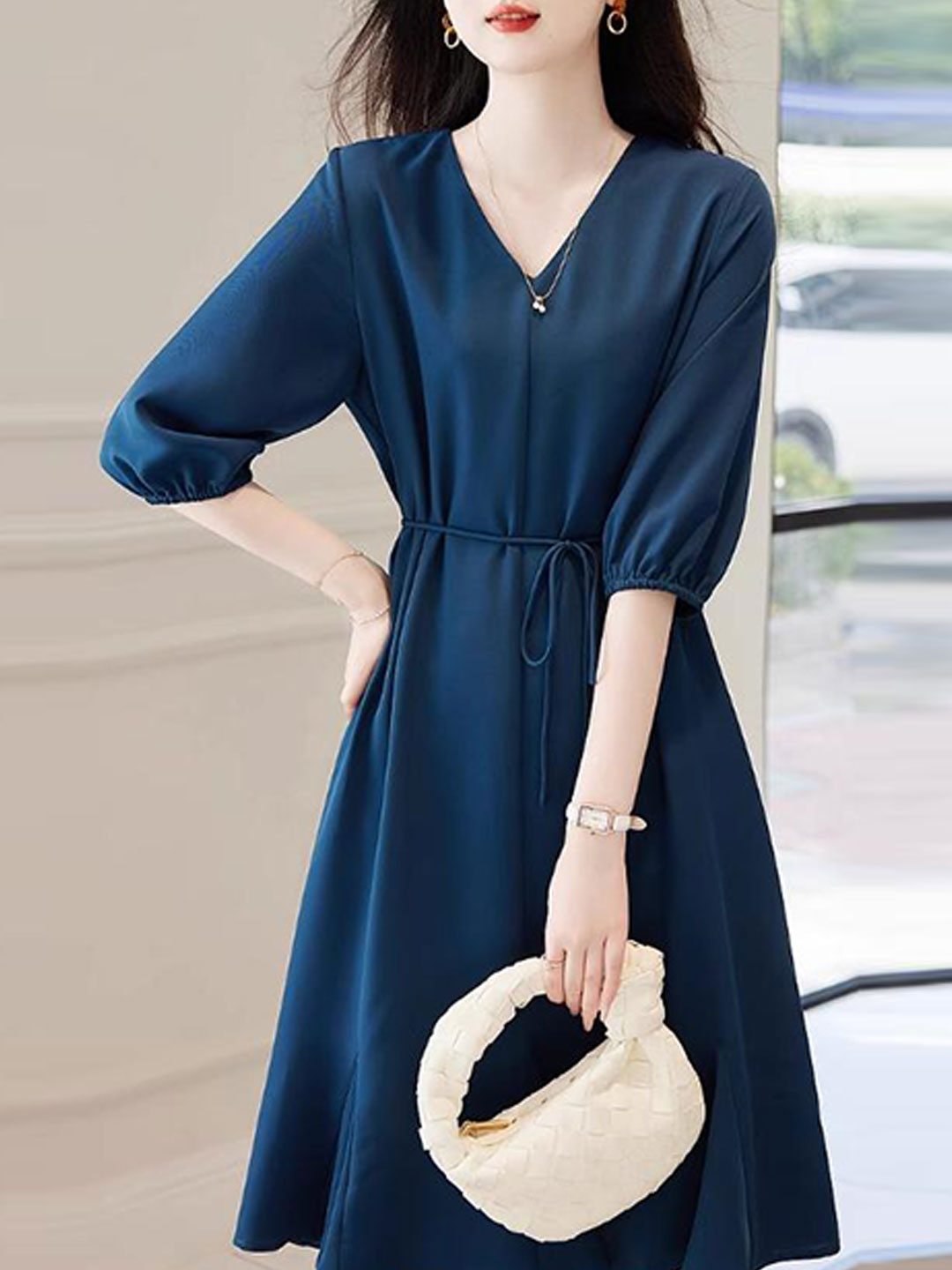 Emma Elegant V-Neck Solid Color Dress-Blue