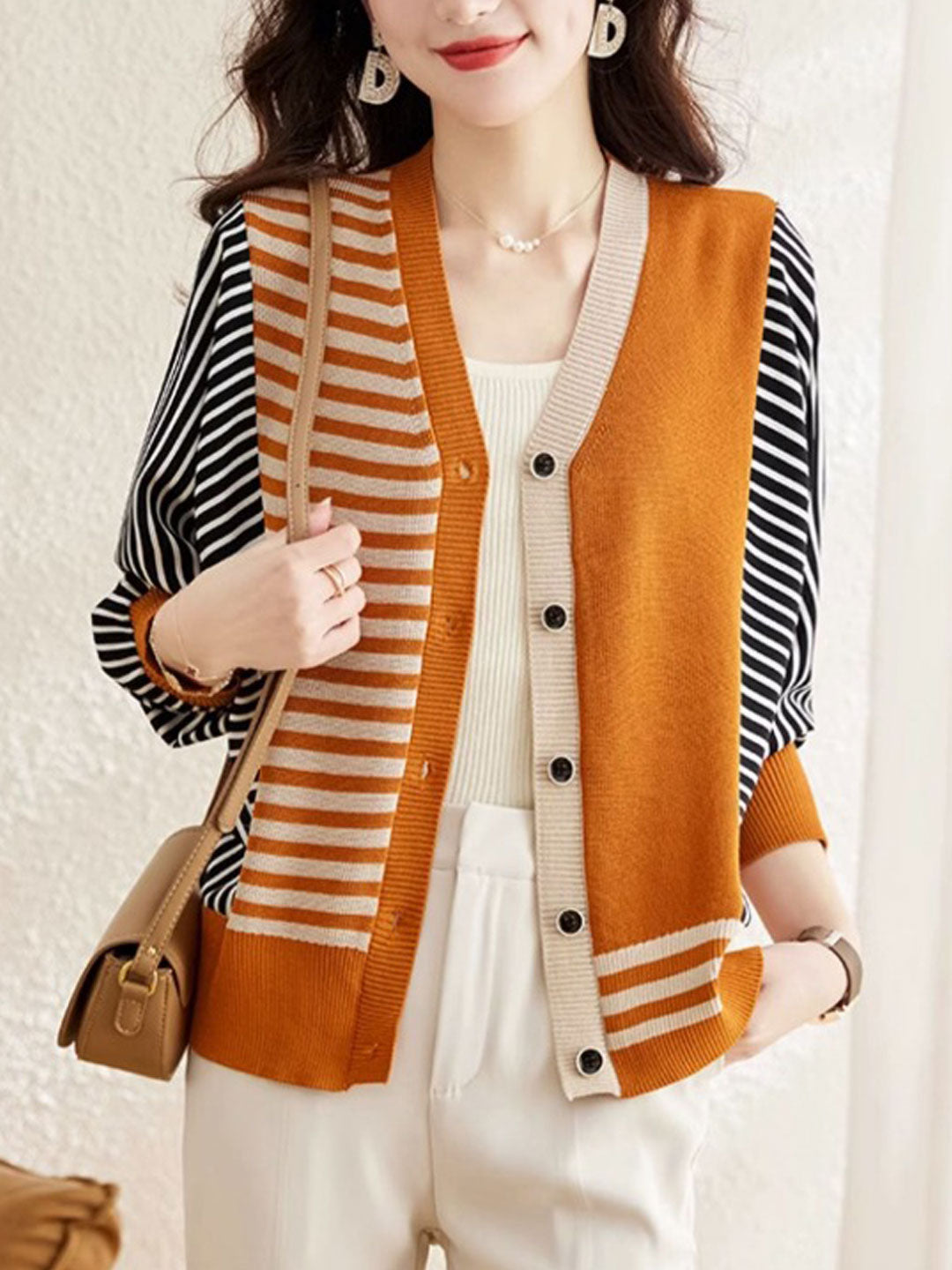 Trinity Casual V-Neck Striped Knitted Cardigan-Green