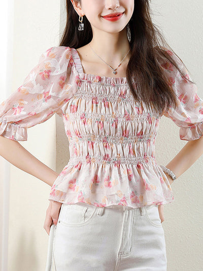 Amelia Retro Square Collar Floral Printed Blouse